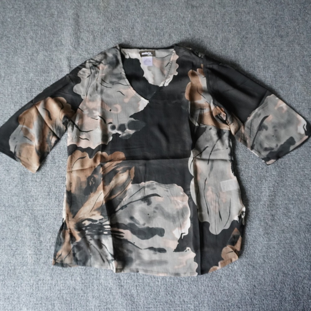 Ambria Selection Floral Blouse Top Size 10 Black Beige Sheer Casual‎